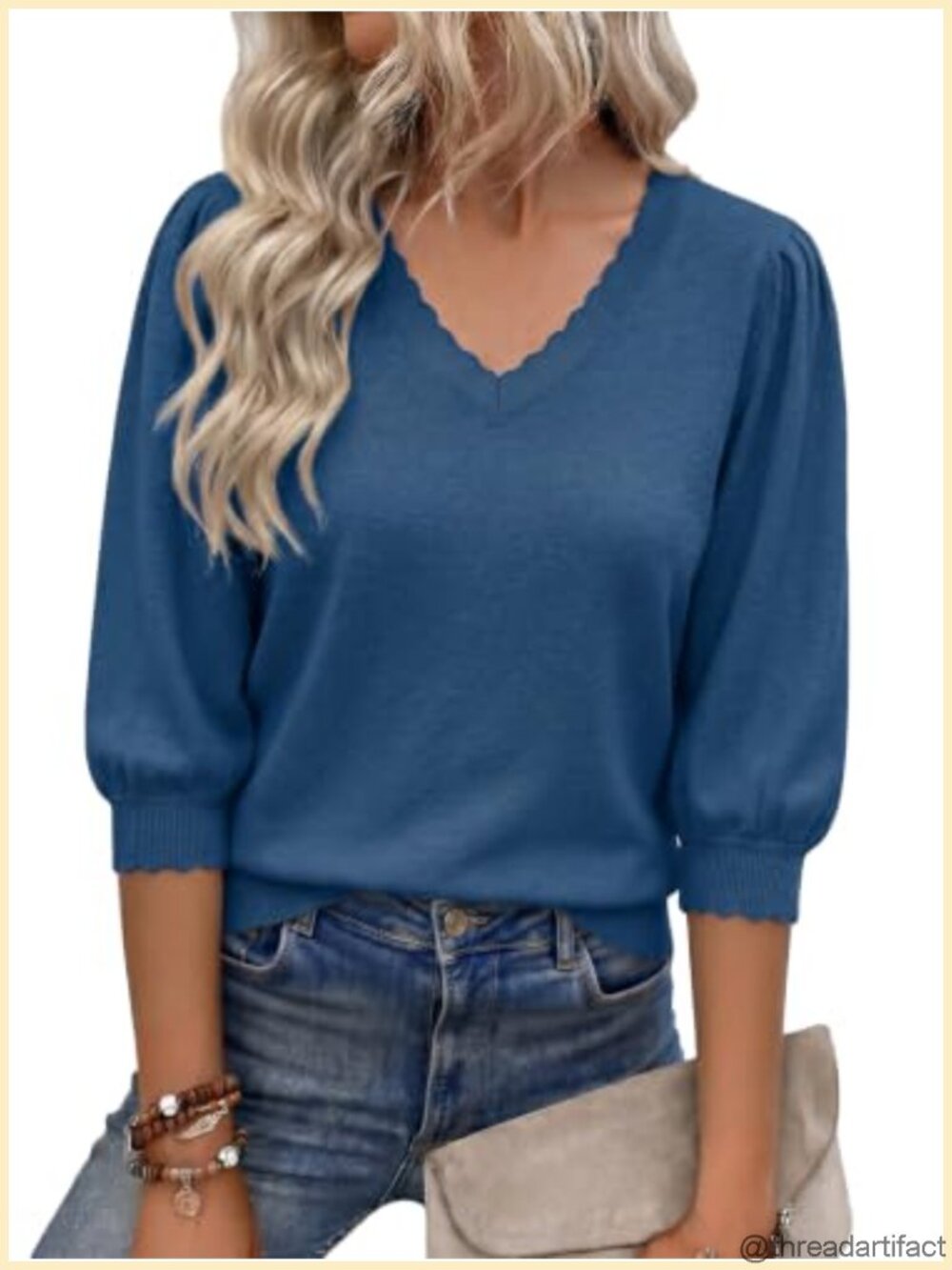 Womens 3/4 Puff Sleeve V Neck Knit Pullover Sweater Casual Tops